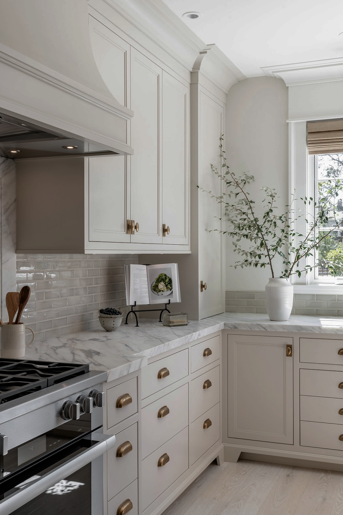 Marble kitchen countertop with brass hardware